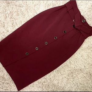 Burgundy pencil skirt with button down the front